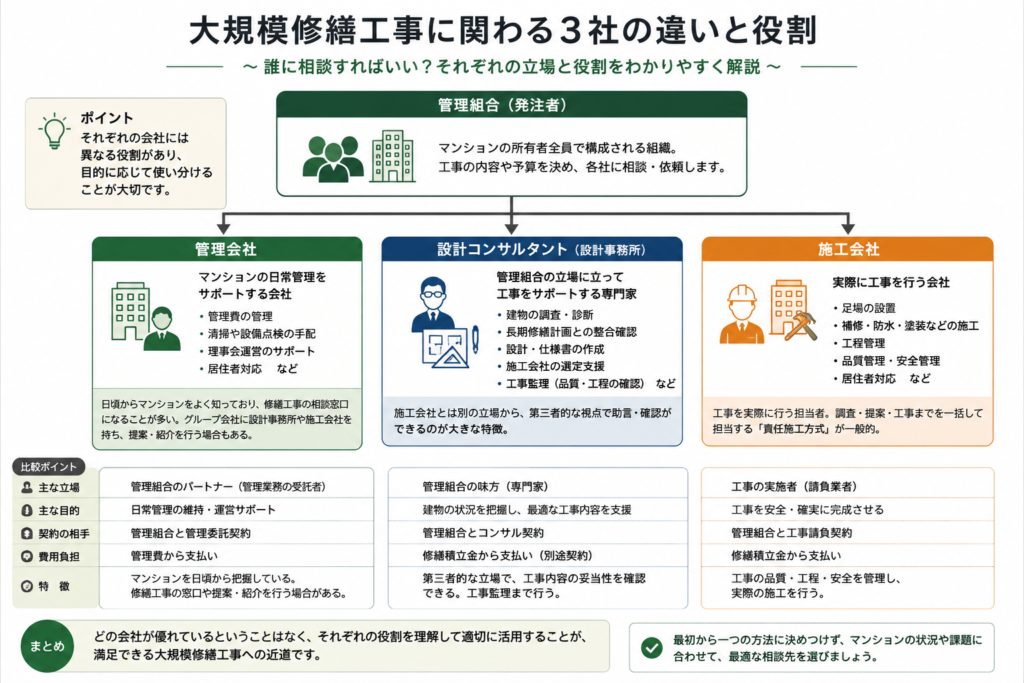大規模修繕工事に関わる三社の違いと役割